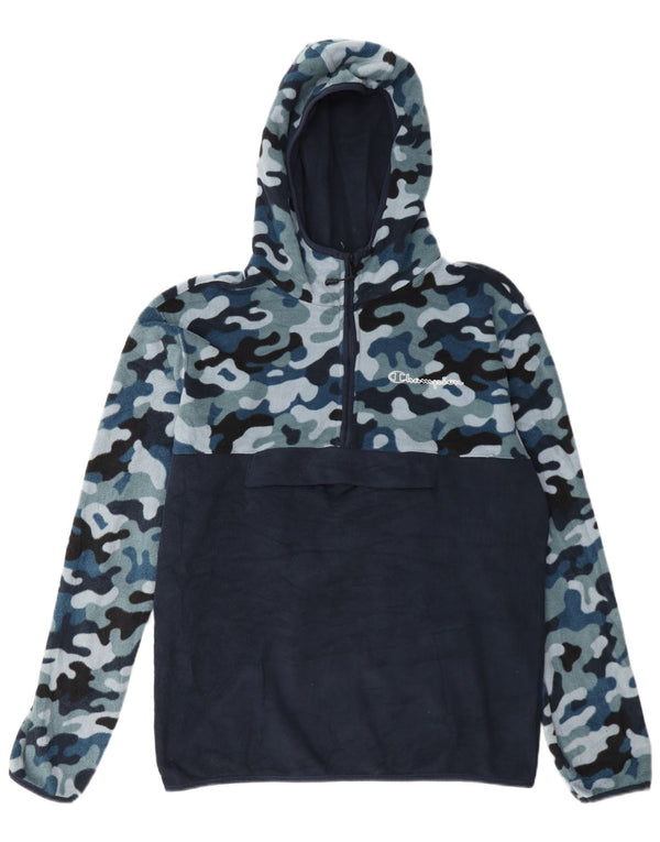 Champion Herre Hooded Zip Neck Fleece Jumper Large Navy Blue Camouflage