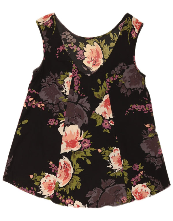Vintage Womens Crop Ærmeløs bluse Top UK 10 Small Black Floral