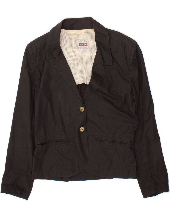 SISLEY Womens 2 Button Blazer Jacket UK 14 Medium Black Cotton Vintage Sisley and Second-Hand Sisley from Messina Hembry 