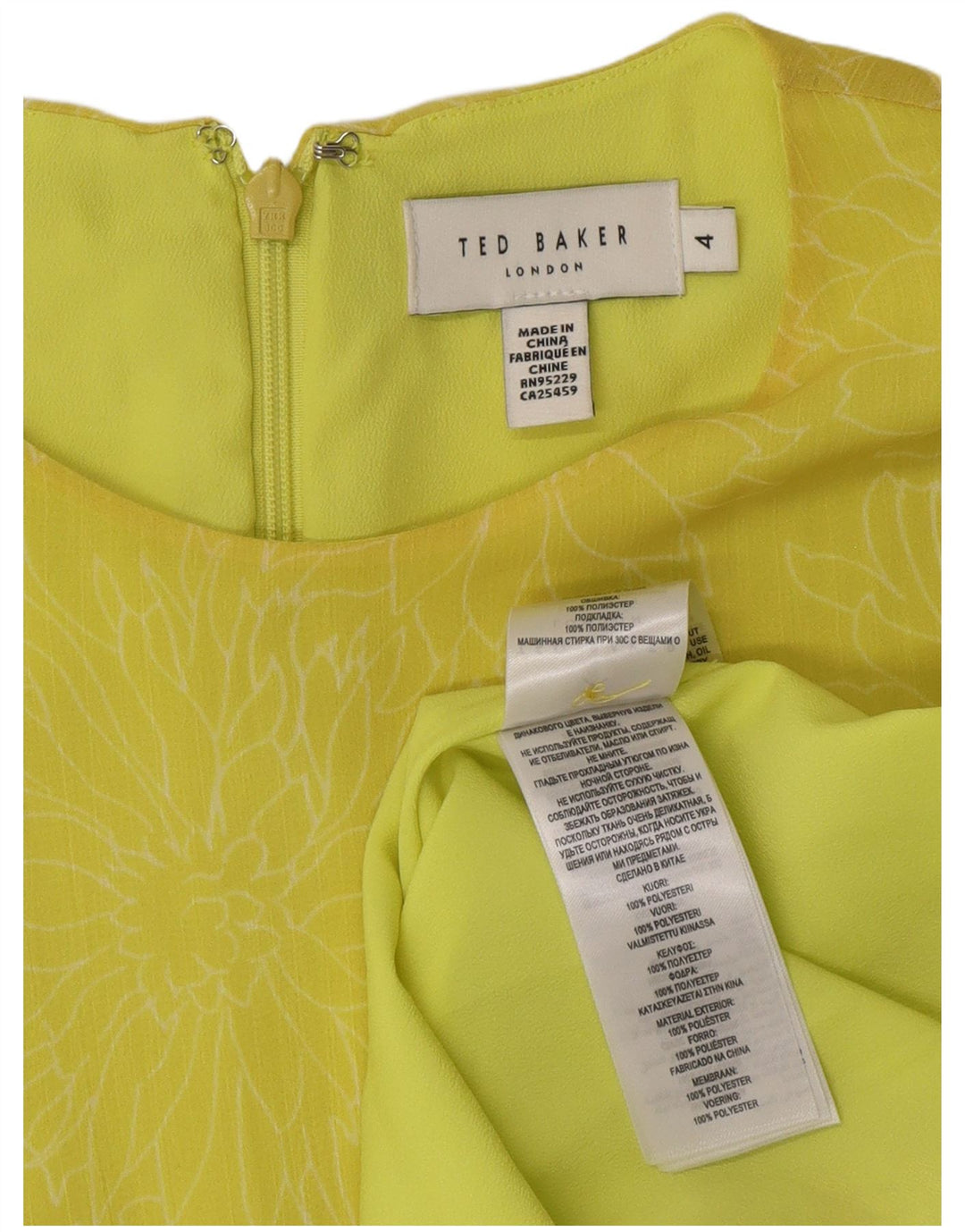 TED BAKER Dame Flæse A-Line Kjole Størrelse 4 Large Yellow Floral Polyester