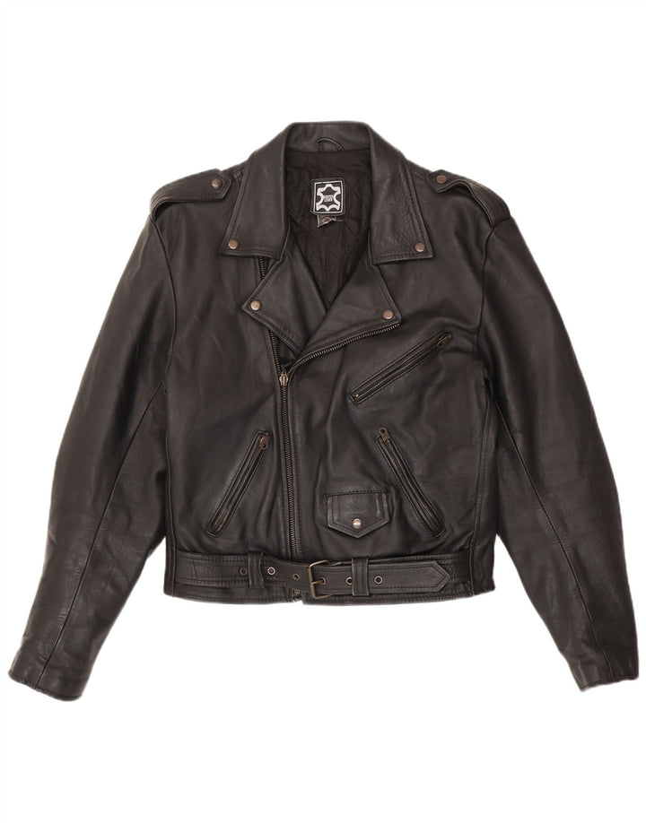 Vintage Herre Military Læder Biker Jacket IT 50 Medium Sort