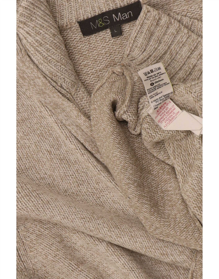 Marks & Spencer Herre Cardigan Sweater Stor Beige Flecked Acryl