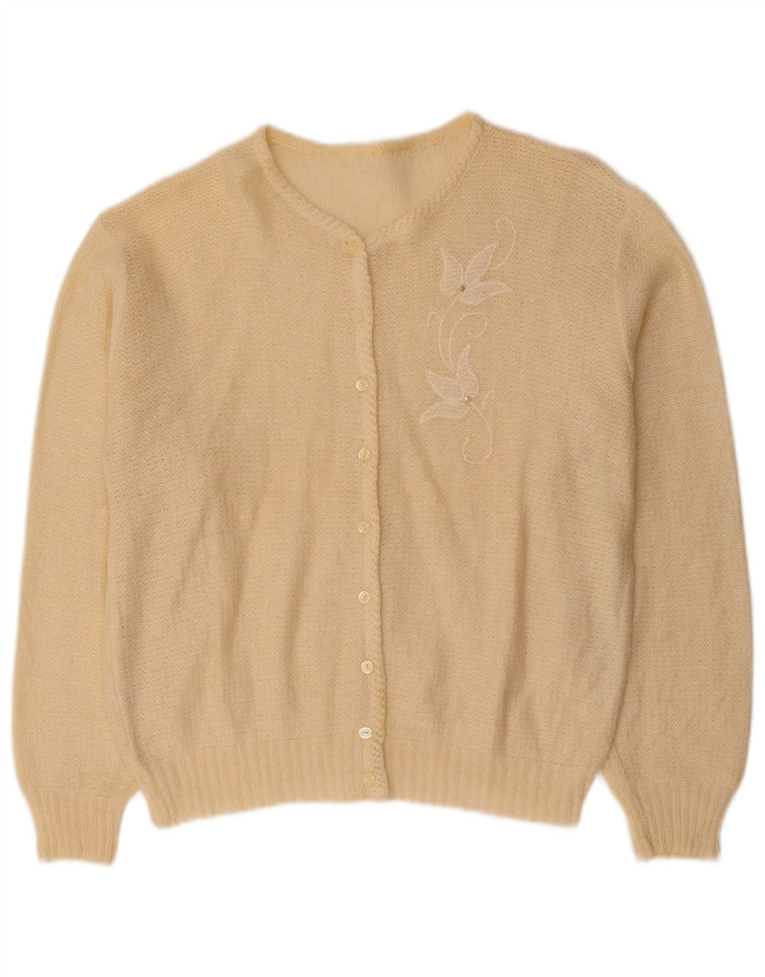 VINTAGE Dame Cardigan Sweater UK 14 Medium Beige Floral Mohair