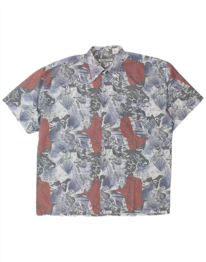 VINTAGE grafisk kortærmet herreskjorte Stor blå farveblok polyester