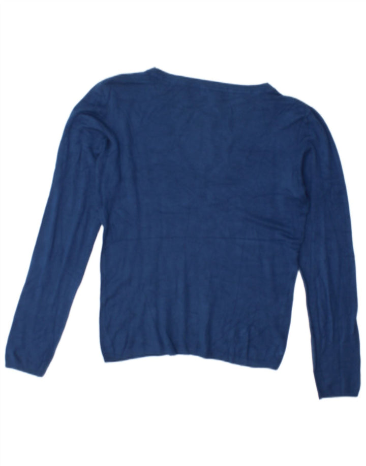Zara Dame V-hals Jumper Sweater UK 16 Large Blue Rayon
