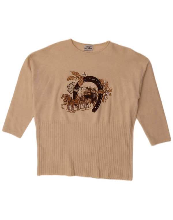 Vintage dame grafisk trøje med 3/4 ærmer med rund hals, UK 20 2XL Beige