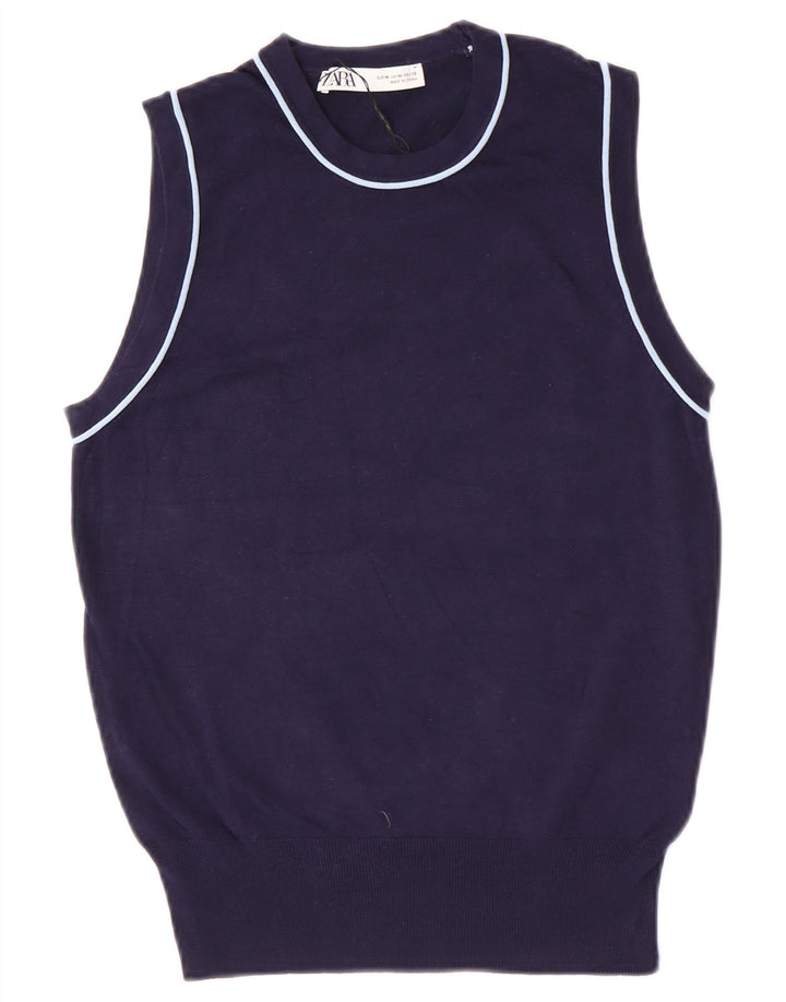 Zara Dame Vest Tank Top UK 12 Medium Navy Blue Viscose