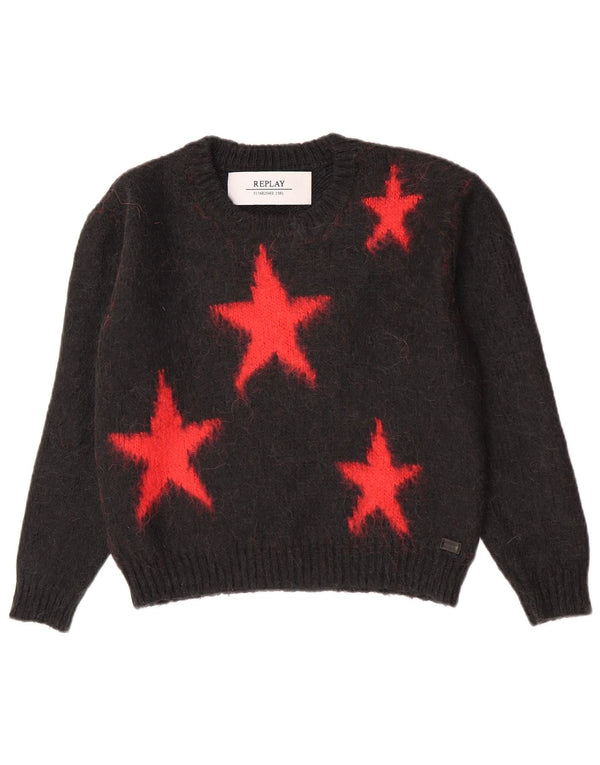 Replay Dame Grafisk Boat Neck Jumper Sweater UK 14 Medium Sort Akryl