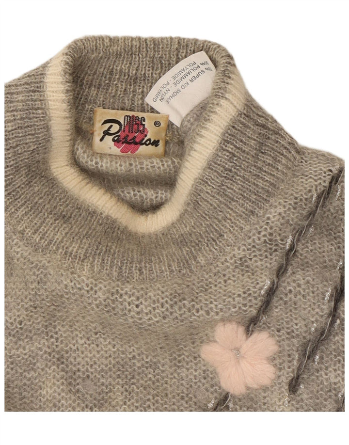 VINTAGE Dame Turtle Neck Jumper Sweater UK 18 XL Grey Floral Mohair