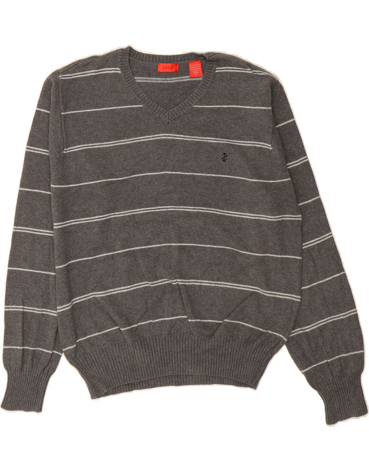 IZOD Mens V-Neck Jumper Sweater Medium Grey Striped Cotton Vintage Izod and Second-Hand Izod from Messina Hembry 