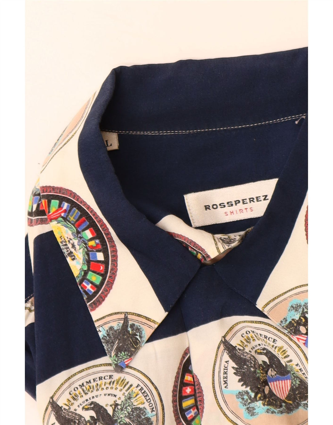 VINTAGE Herre grafisk kortærmet skjorte Stor marineblå stribet viskose