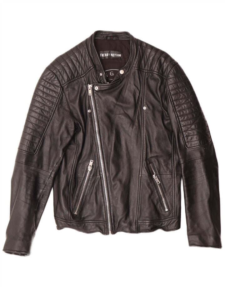Freaky Nation Herre Læder Biker Jacket UK 38 Medium Sort Læder