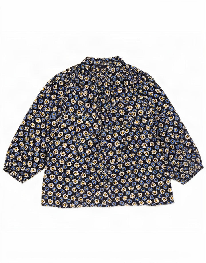 Marks & Spencer Womens Front Tie Bluse Top UK 16 Large Navy Blue Floral