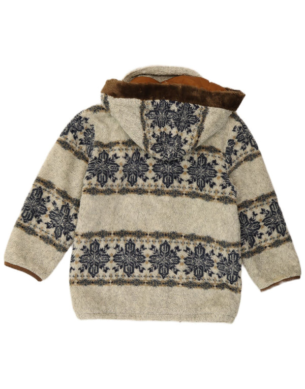 Vintage Womens Hooded Faux Fur Duffle Coat UK 14 Medium Grey Fair Isle