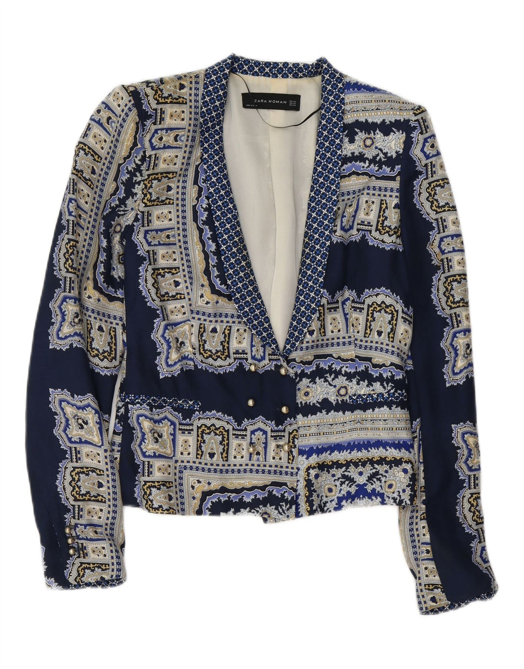 ZARA Womens Double Breasted Blazer Jacket UK 6 XS Navy Blue Paisley
