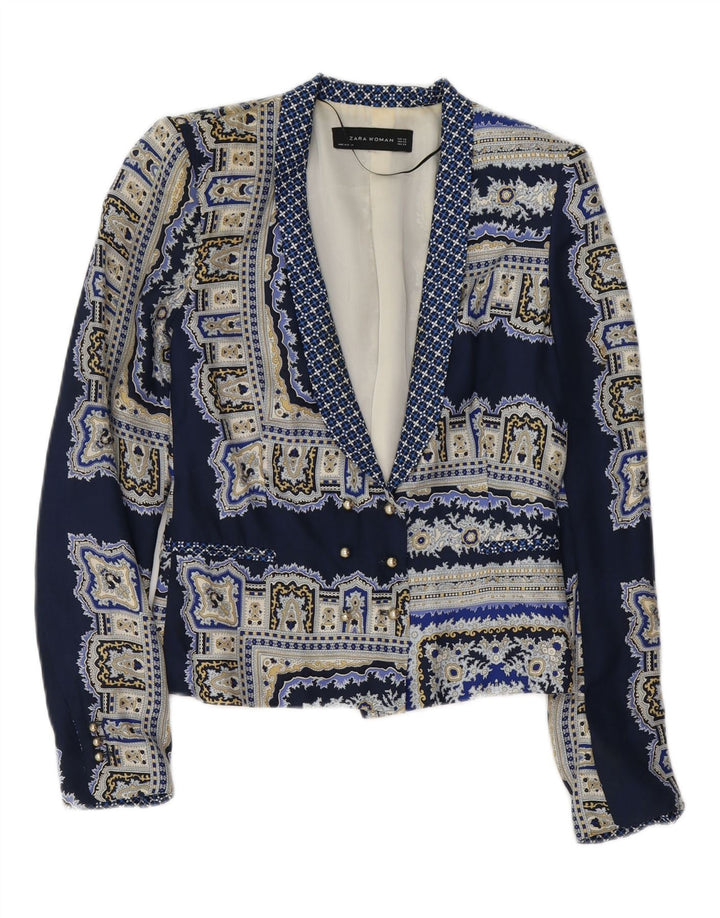 ZARA Womens Double Breasted Blazer Jacket UK 6 XS Navy Blue Paisley