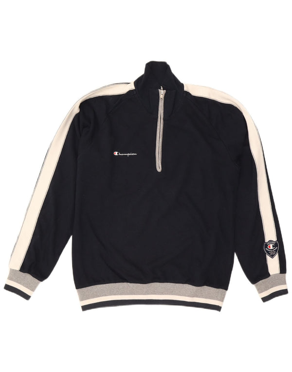 Champion Herre Zip Neck Sweatshirt Jumper Large Navy Blue Colourblock Bomuld