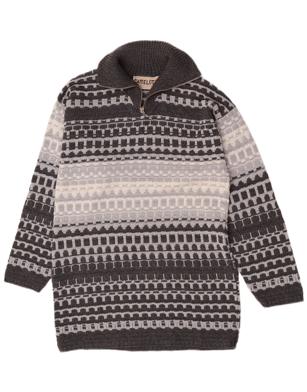Camelot Herre Zip Neck Jumper Sweater Lille Grå Geometrisk Klassisk