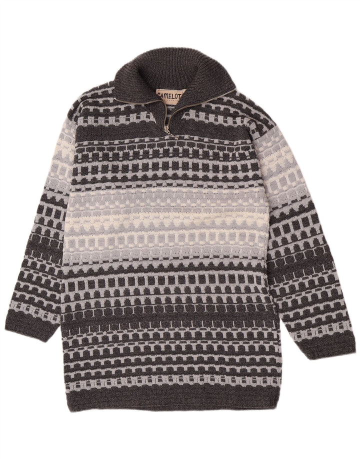 Camelot Herre Zip Neck Jumper Sweater Lille Grå Geometrisk Klassisk