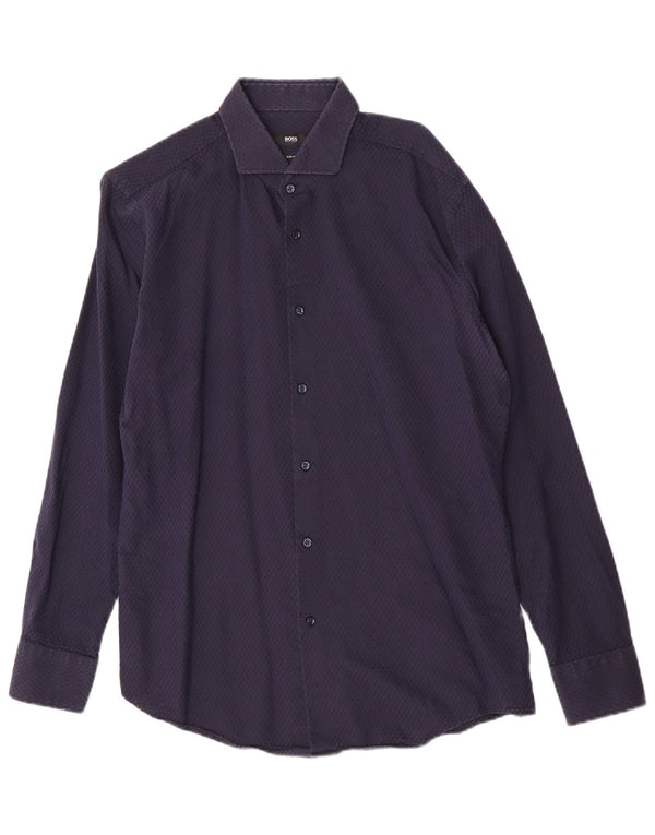 Hugo Boss Herre Slim Fit Skjorte Størrelse 41/17 Large Marineblå Geometrisk Bomuld
