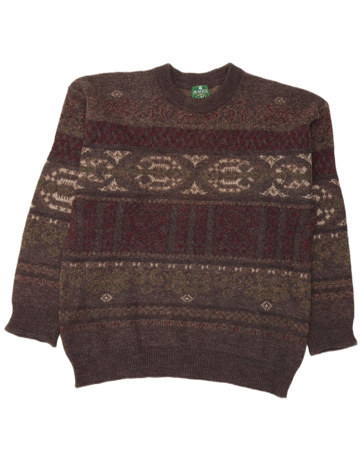 Vintage Herre Crew Neck Jumper Sweater Large Grey Fair Isle Wool