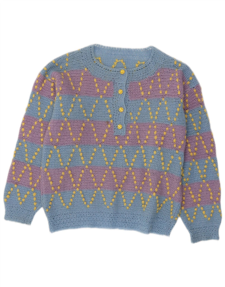 VINTAGE Dame Button Neck Jumper Sweater UK 12 Mellem blå stribet