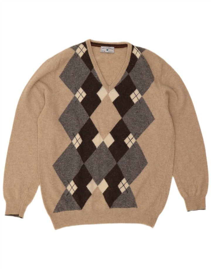 Melaverde Herre V-hals sweater 2XL Beige Argyle/Diamond Wool