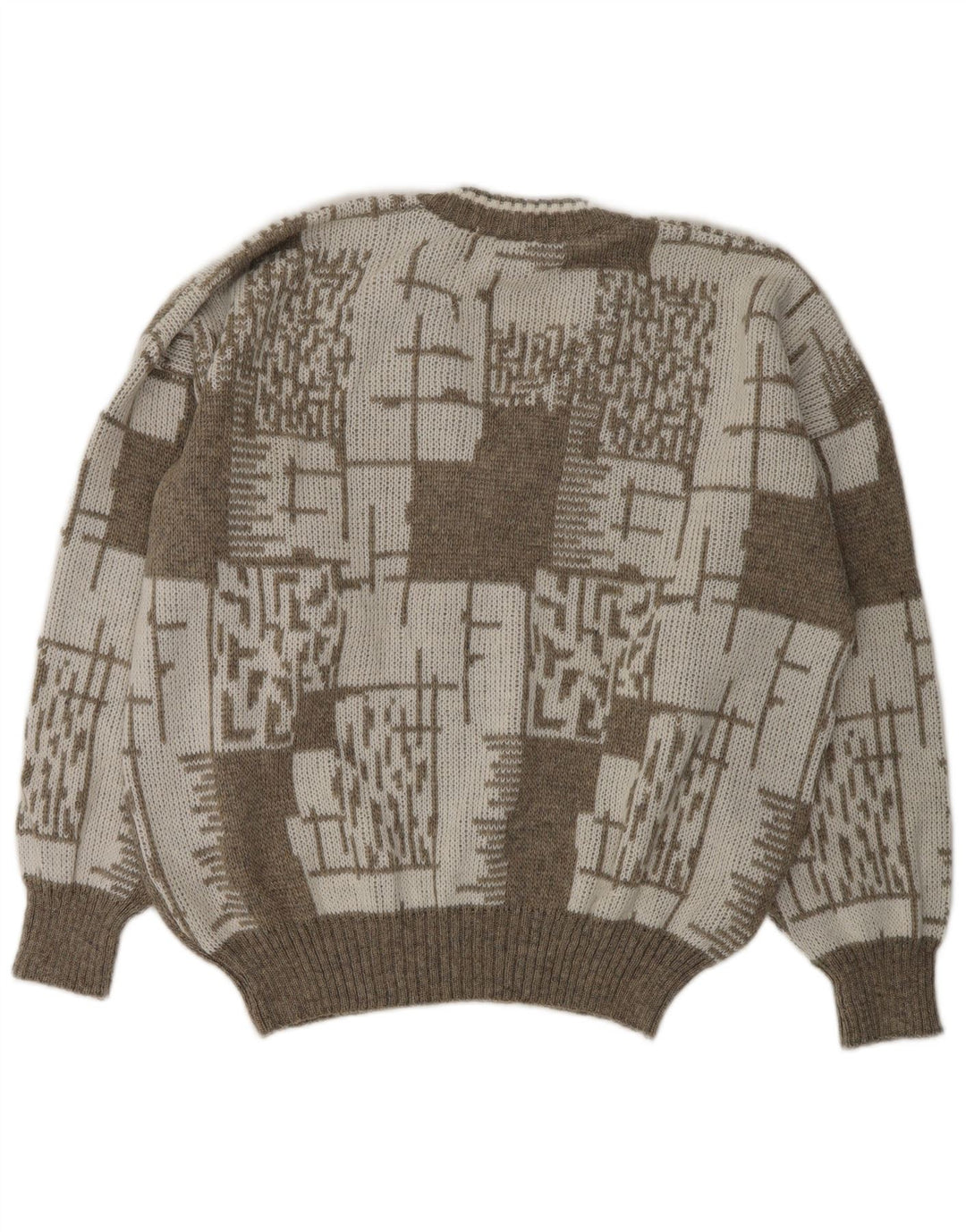 VINTAGE Mens V-Neck Jumper Sweater XL Beige Geometric Wool