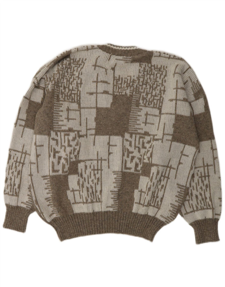 VINTAGE Mens V-Neck Jumper Sweater XL Beige Geometric Wool