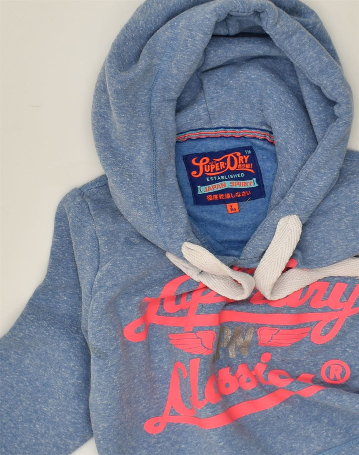 SUPERDRY Womens Graphic Hoodie Jumper UK 2 2XS Blue Polyester | Vintage Superdry | Thrift | Second-Hand Superdry | Used Clothing | Messina Hembry 