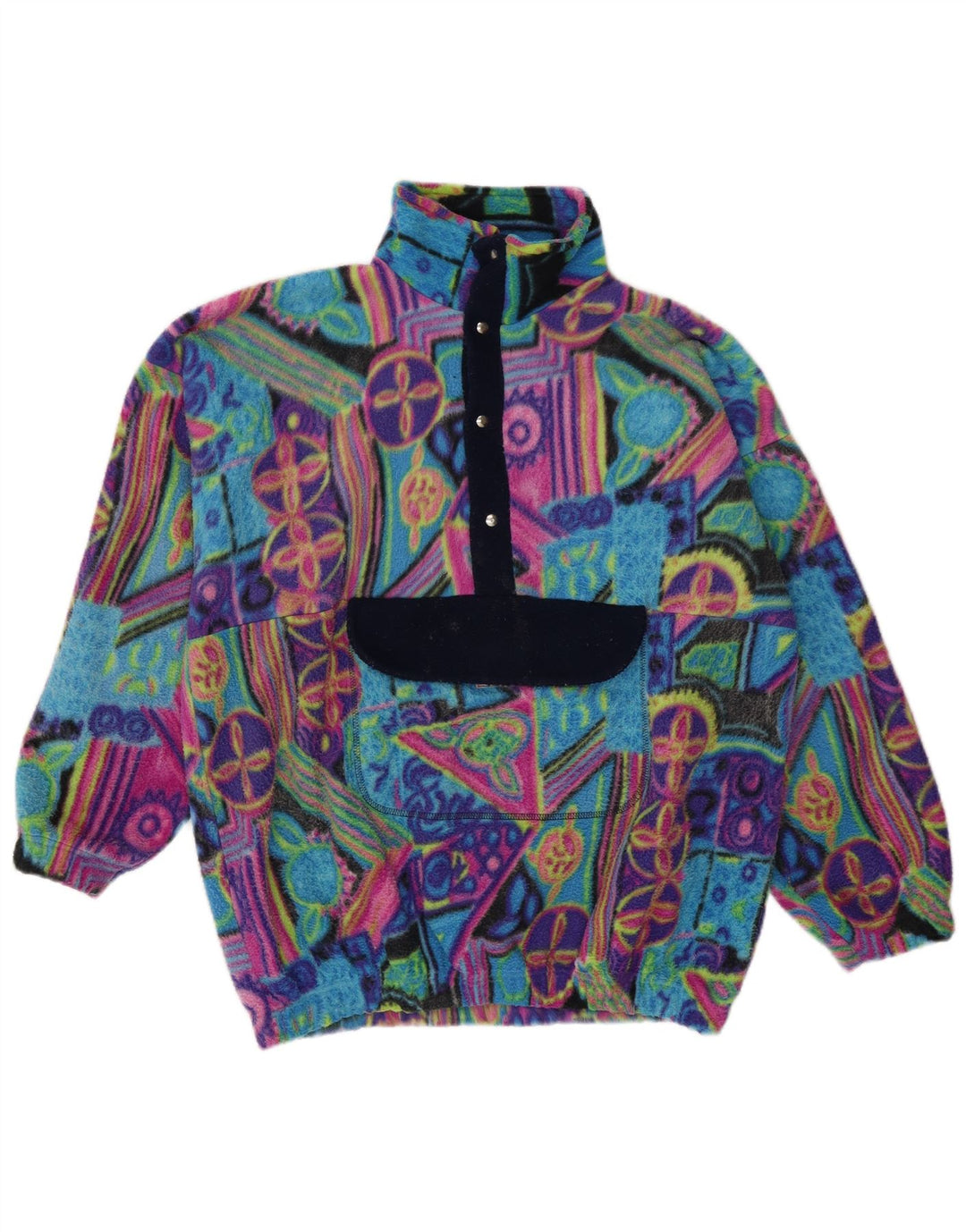 Vintage Herre Anorak Fleece Jumper Stor Flerfarvet Geometrisk Polyamid
