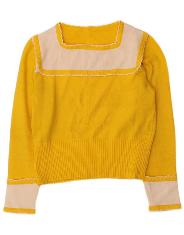 Vintage Womens Crop Boat Neck Jumper Sweater UK 10 Small Yellow Colourblock