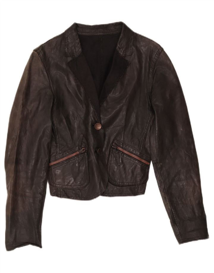 VINTAGE Womens Crop Leather Jacket UK 12 Medium Brown Leather Vintage Vintage and Second-Hand Vintage from Messina Hembry 
