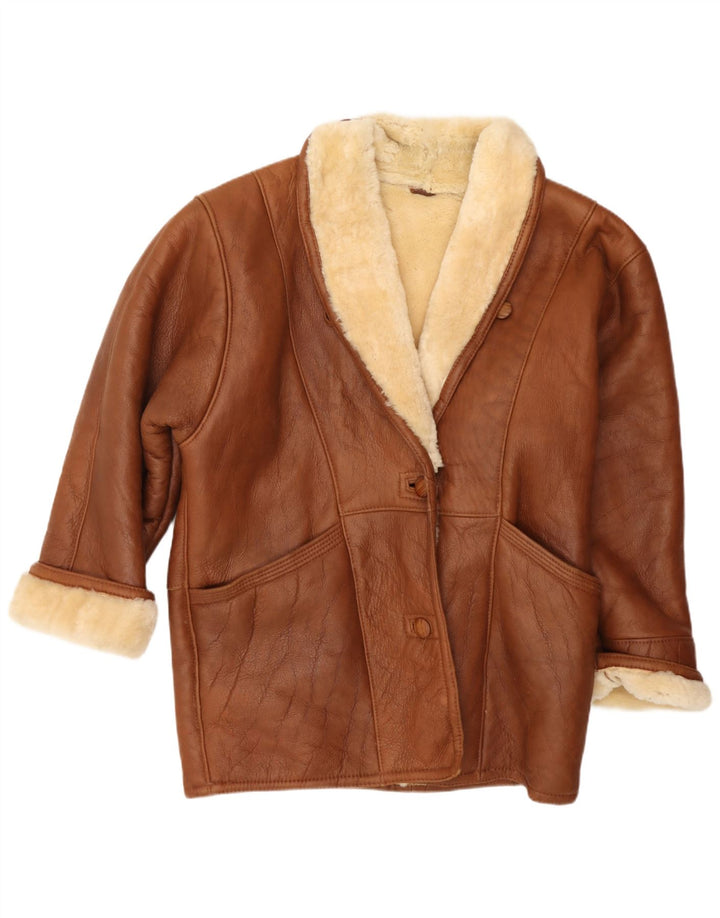 Vintage Dame Oversized Shearling Jacket US 8 Medium Brown Læder