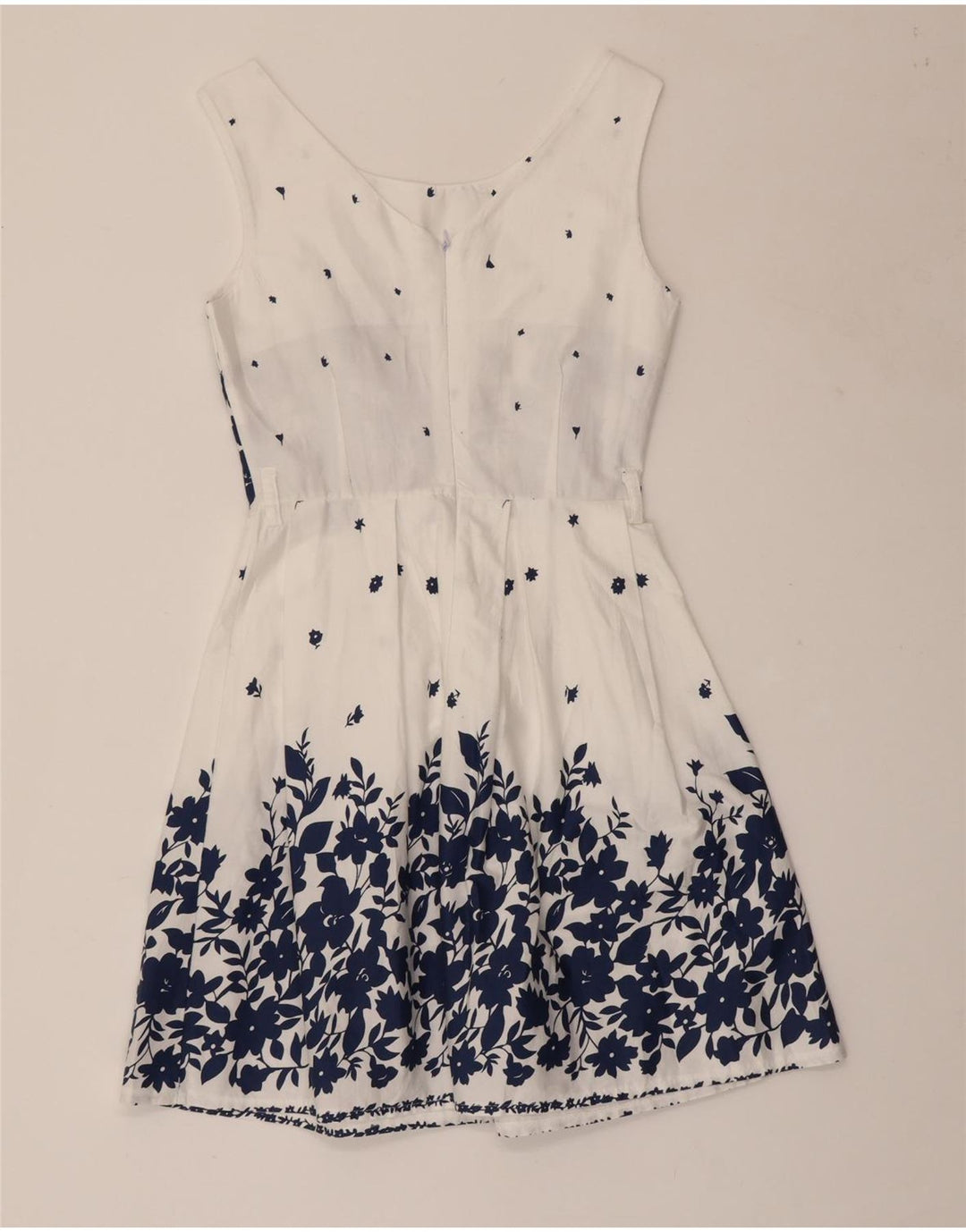 VINTAGE Dame Ærmeløs A-Line Kjole UK 8 Small White Floral Bomuld