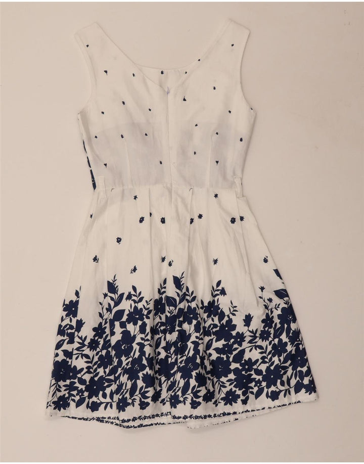 VINTAGE Dame Ærmeløs A-Line Kjole UK 8 Small White Floral Bomuld
