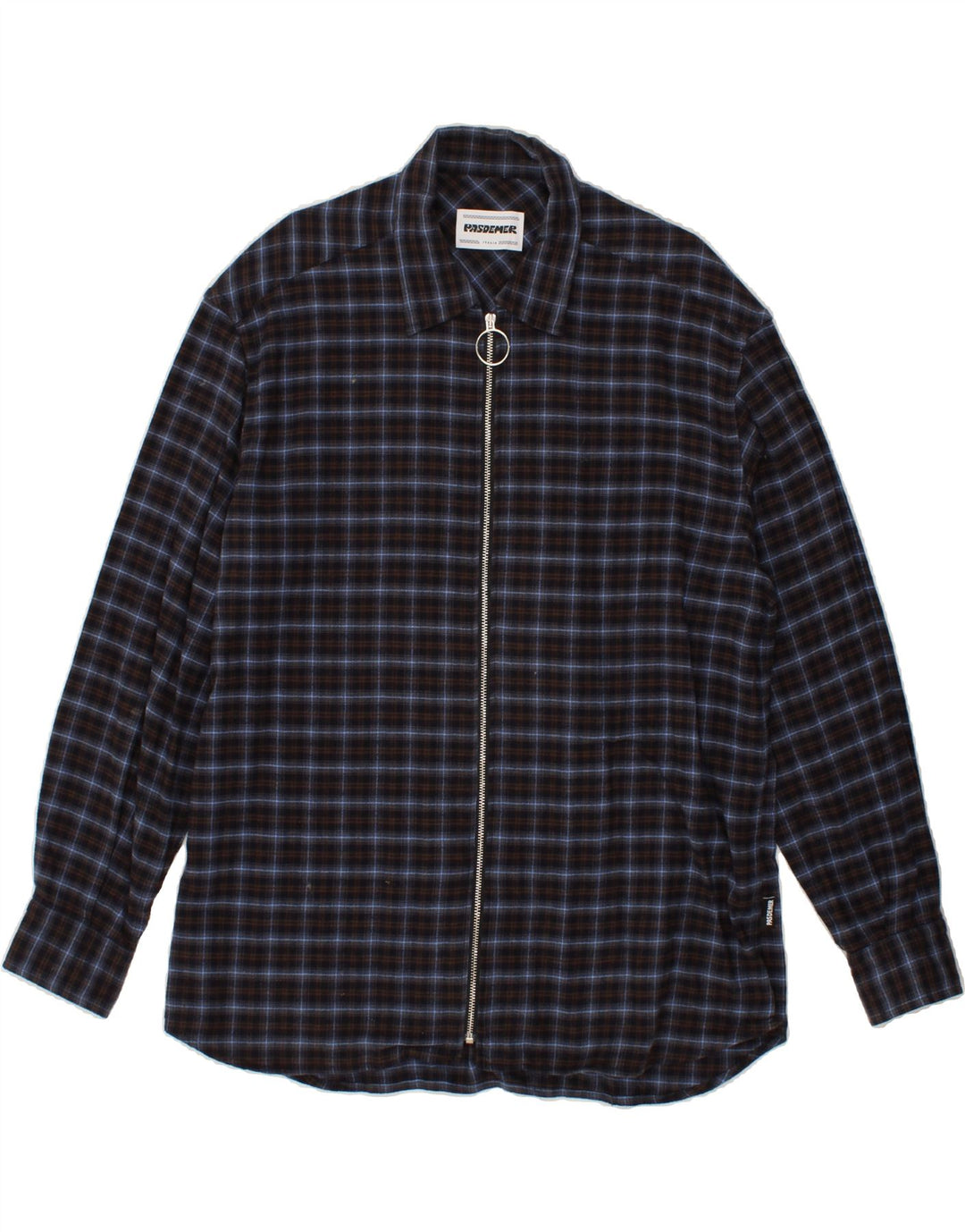 PASDEMER Mens Zip Graphic Flannel Shirt Large Navy Blue Check Cotton Vintage Pasdemer and Second-Hand Pasdemer from Messina Hembry 