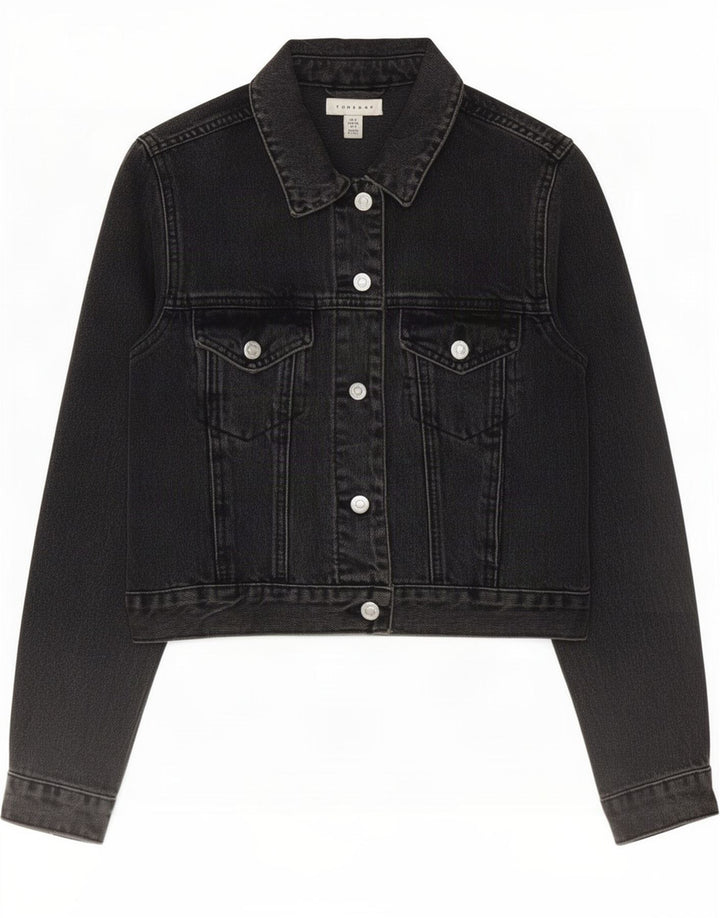 Topshop Dame Crop Denim Jacket UK 8 Small Black Bomuld