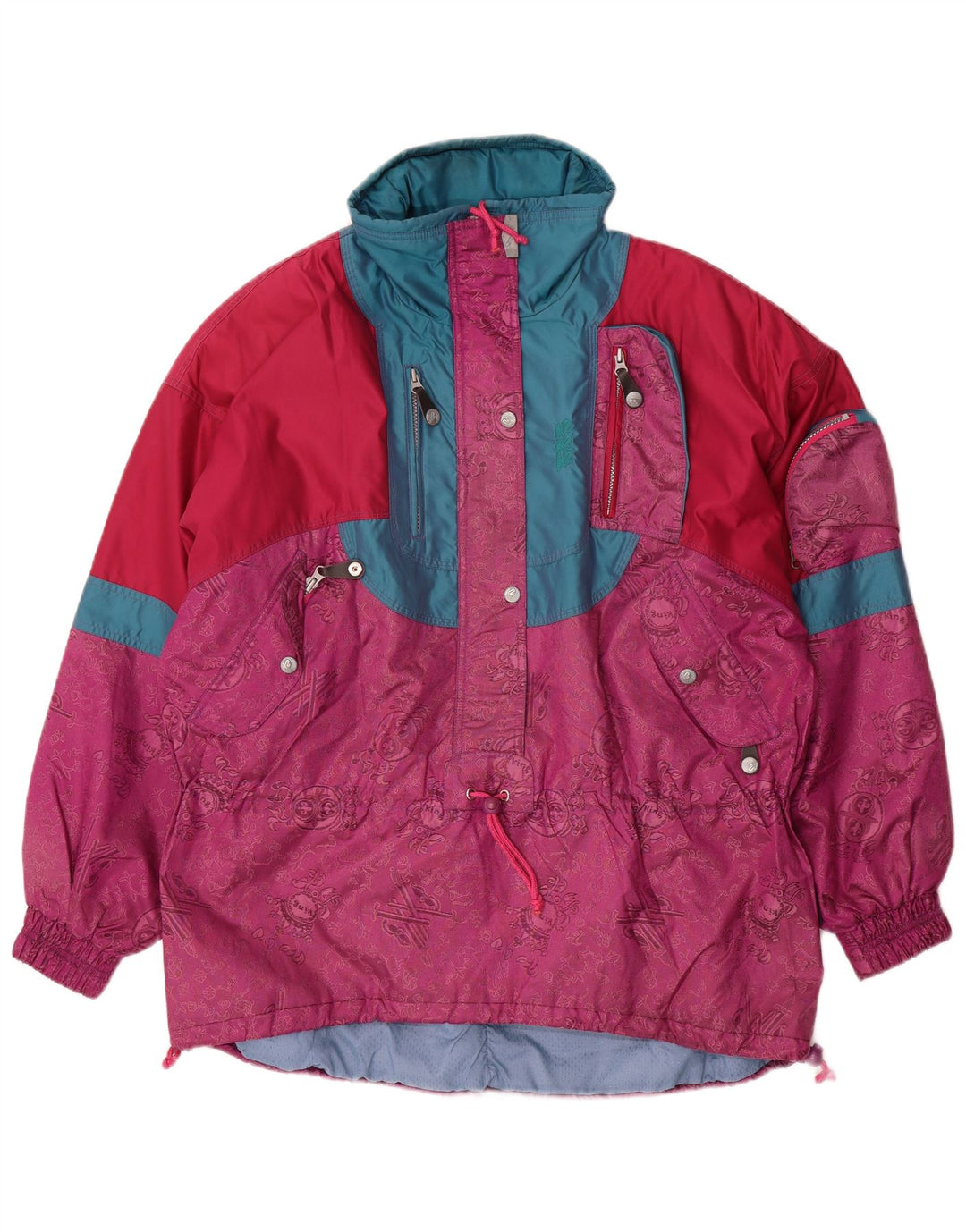 Vintage Dame Pullover Oversized Skijakke UK 16 Large Pink Colourblock