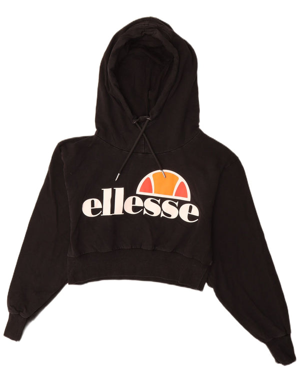 Ellesse Womens Oversized Crop Graphic Hoodie Jumper UK 6 XS Sort bomuld