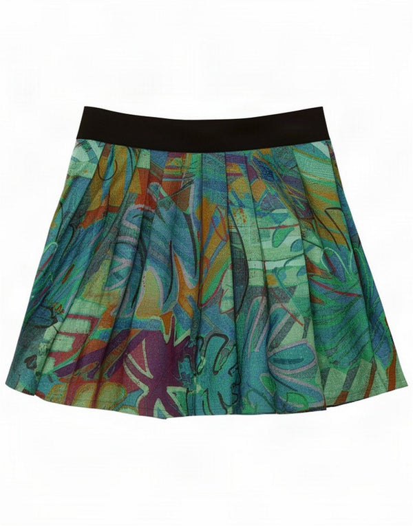 Vintage Womens Plisseret Mini-nederdel Small W26 Green Floral Polyester