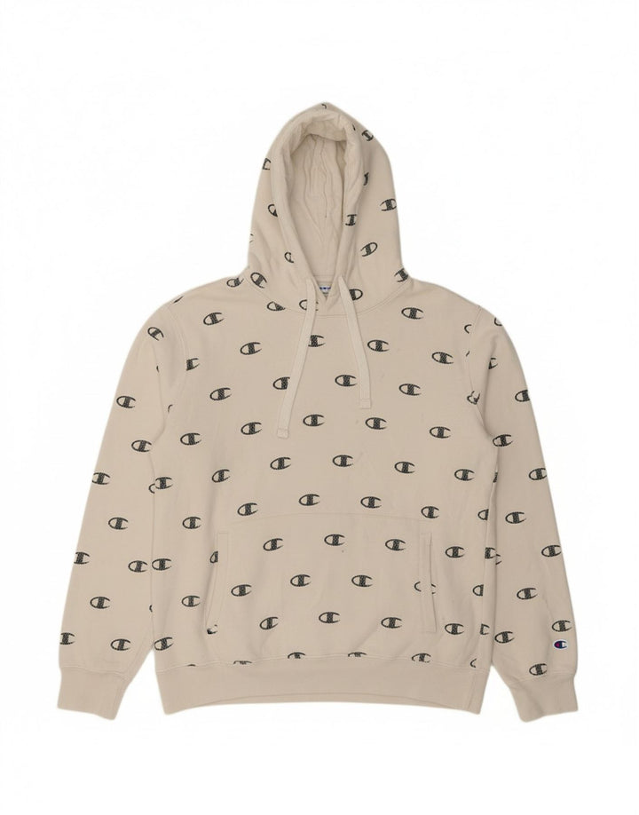 CHAMPION Mens Graphic Hoodie Jumper Large White Cotton