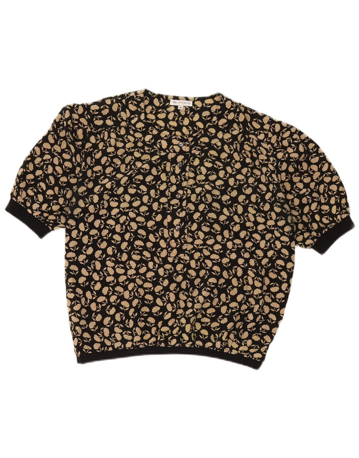 Vintage Womens Crop Bluse Top UK 14 Medium Black Floral Silke
