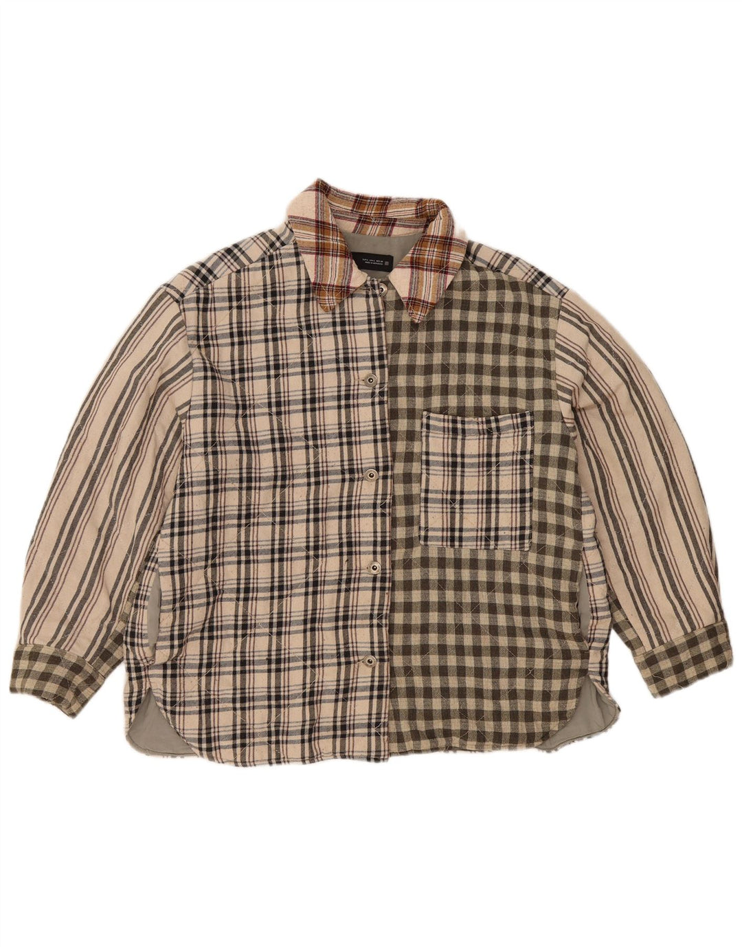 Zara Lumberjack Flanell Shirt UK 16 Large Beige Patchwork Polyester