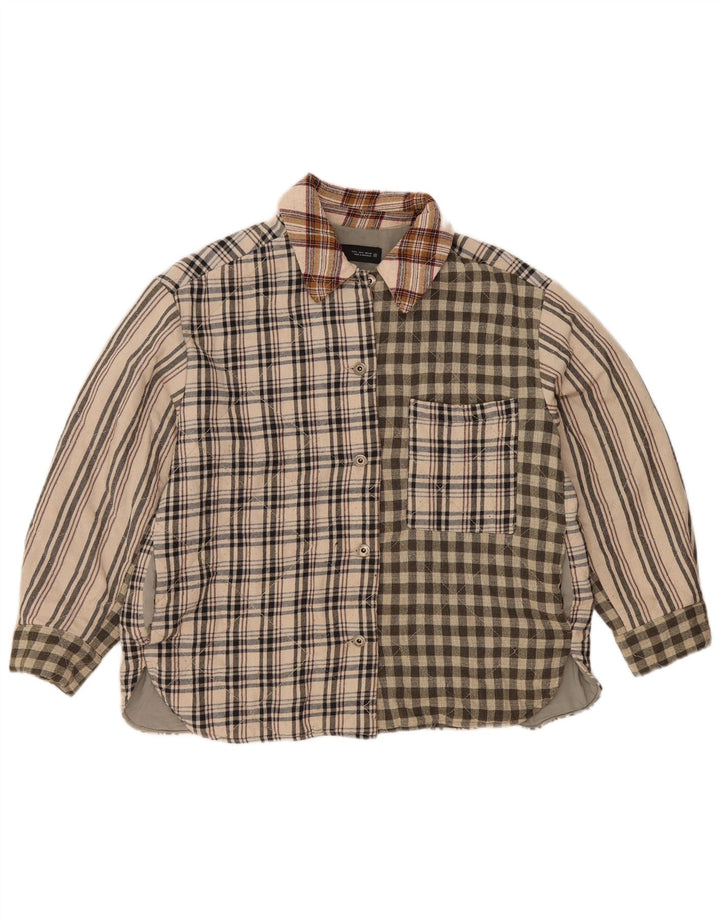 Zara Lumberjack Flanell Shirt UK 16 Large Beige Patchwork Polyester