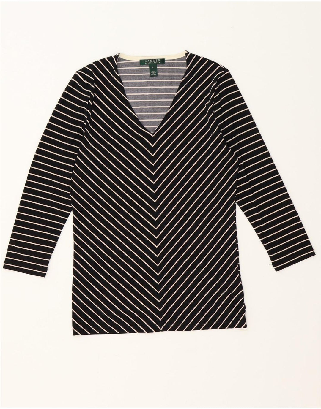 RALPH LAUREN Womens Top 3/4 Sleeve UK 10 Small Black Striped Polyester Vintage Ralph Lauren and Second-Hand Ralph Lauren from Messina Hembry 