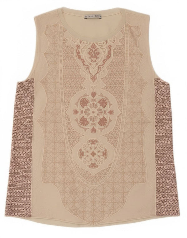 Zara Kvinders abstrakt mønster Vest Top UK 8 Small Beige Polyester