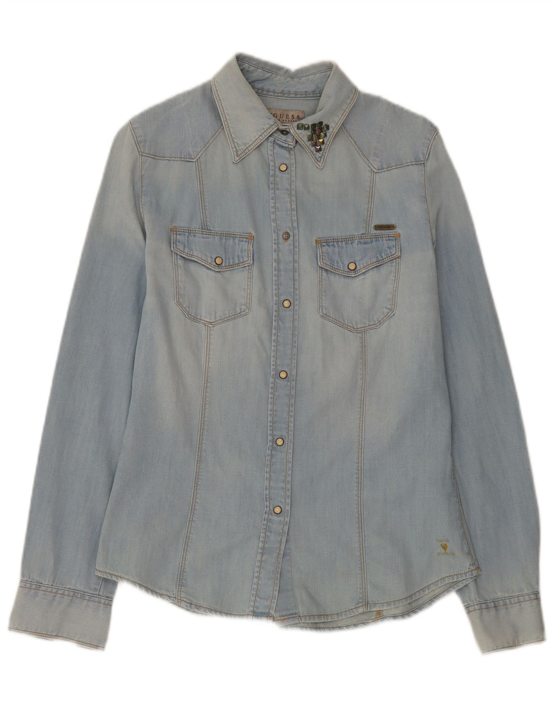 Guess Dame Denim Shirt UK 10 Small Blue Cotton