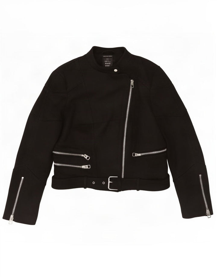 Zara Dame Trafaluc Crop Biker Jacket UK 12 Medium Sort Polyester
