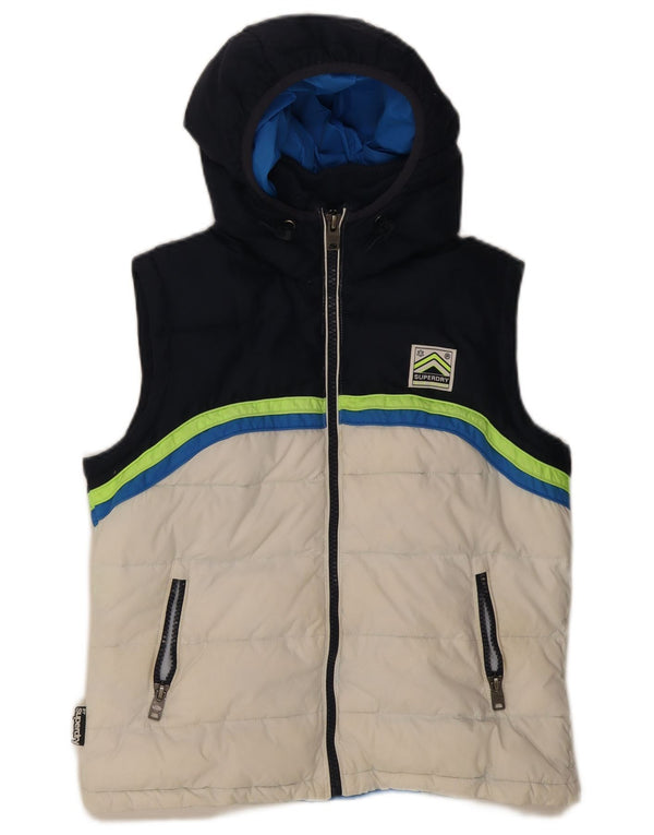 Superdry Polstret Gilet med hætte til kvinder UK 16 Large Navy Blue Colourblock
